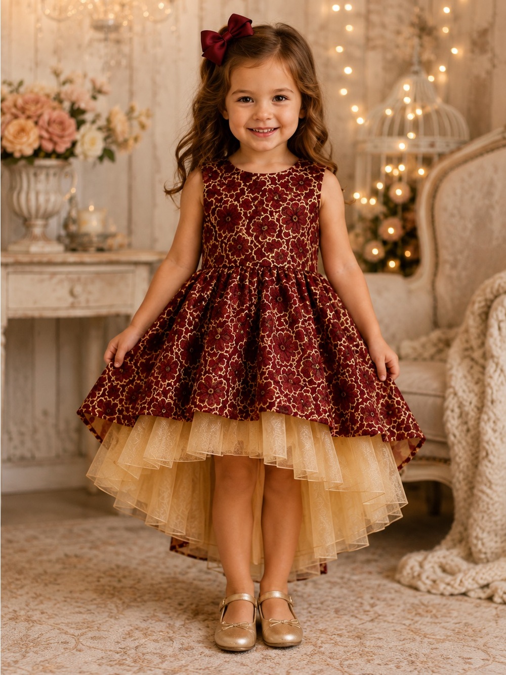 Joyfolie Girls Size 2 Burgundy & Gold High-Low Dress NWT